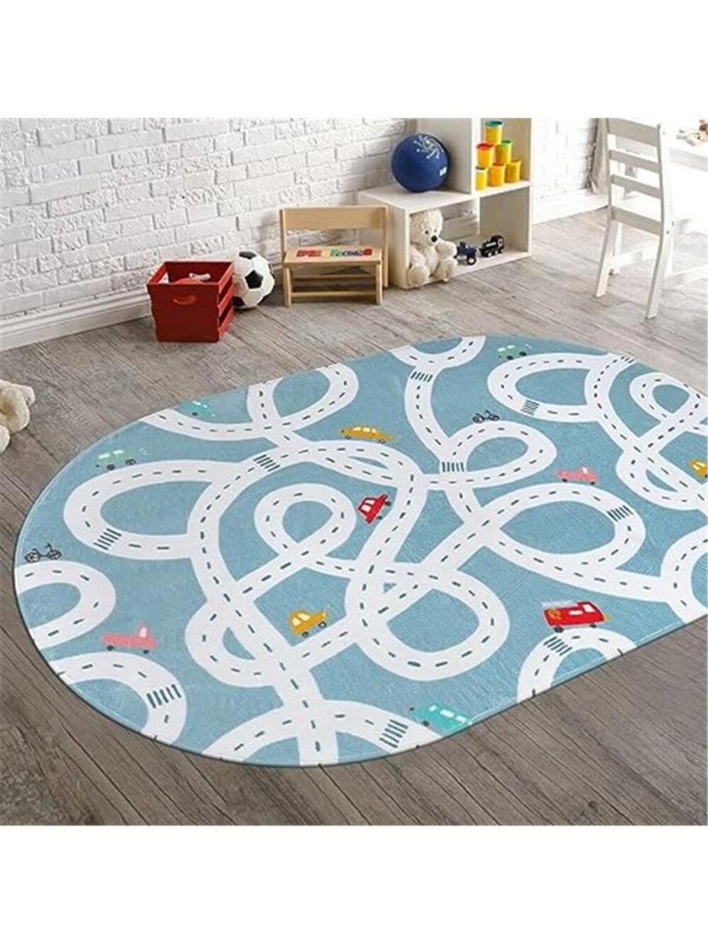 Large Kids Playroom Rug, 4'x6' Washable Road Rug for Nursery, Non-Slip